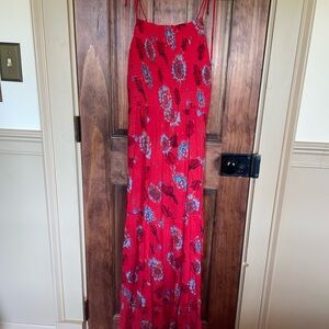 Free People Intimately Red Floral Maxi Dress Tiered Ruffles M NWOT